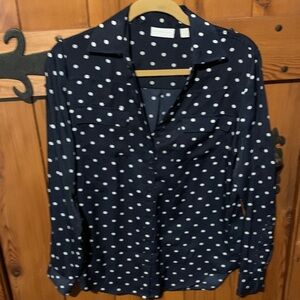 New York & Company Navy Polka Dot Blouse